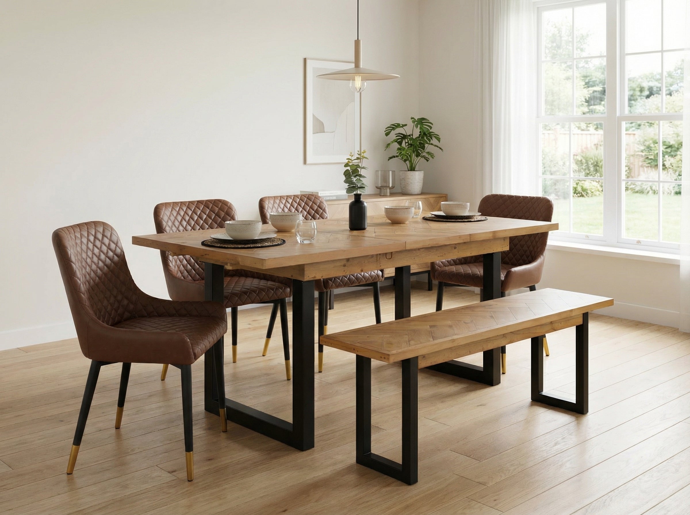 Tulsa Extendable Dining Table & Tan Sarah Dining Chairs