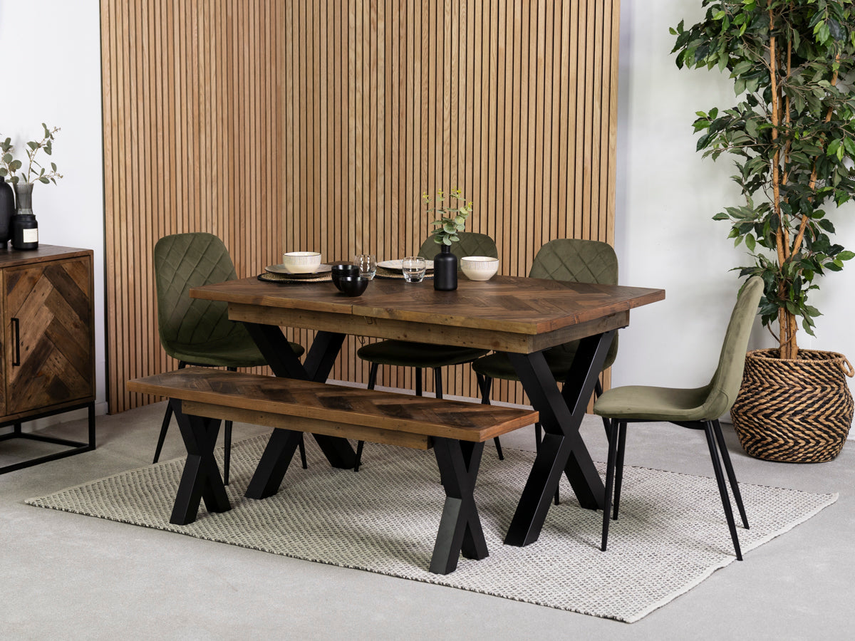 Tulsa Dark Cross Leg Extendable Dining Table (140cm - 180cm) & Alston Dining Chairs