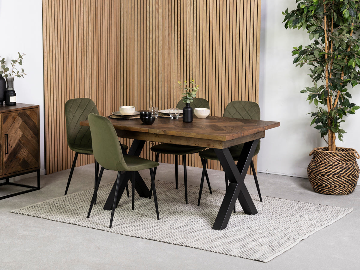 Tulsa Dark Cross Leg Extendable Dining Table (140cm - 180cm) & Alston Dining Chairs