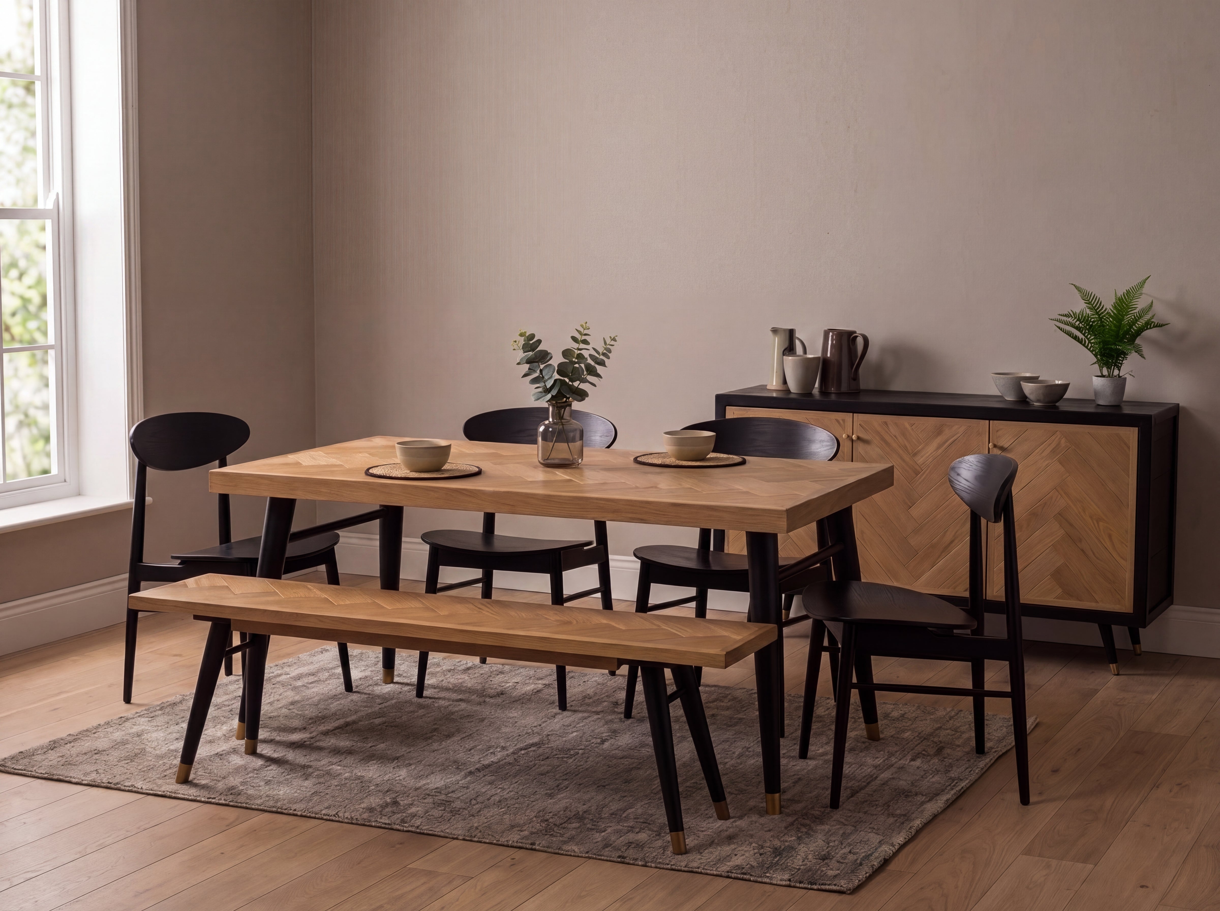 Mode Fixed Top Dining Table (180cm) & Black Gabo Dining Chairs