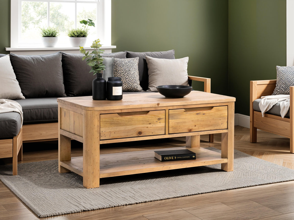 Exeter Coffee Table in a light reclaimed wood finish with two drawers and a lower shelf