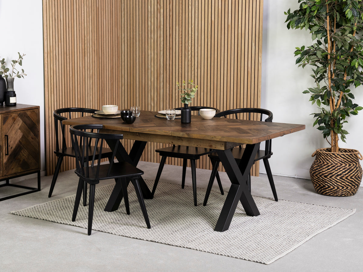 Tulsa Dark Cross Leg Extendable Dining Table (140cm - 180cm) & Bogart Dining Chairs