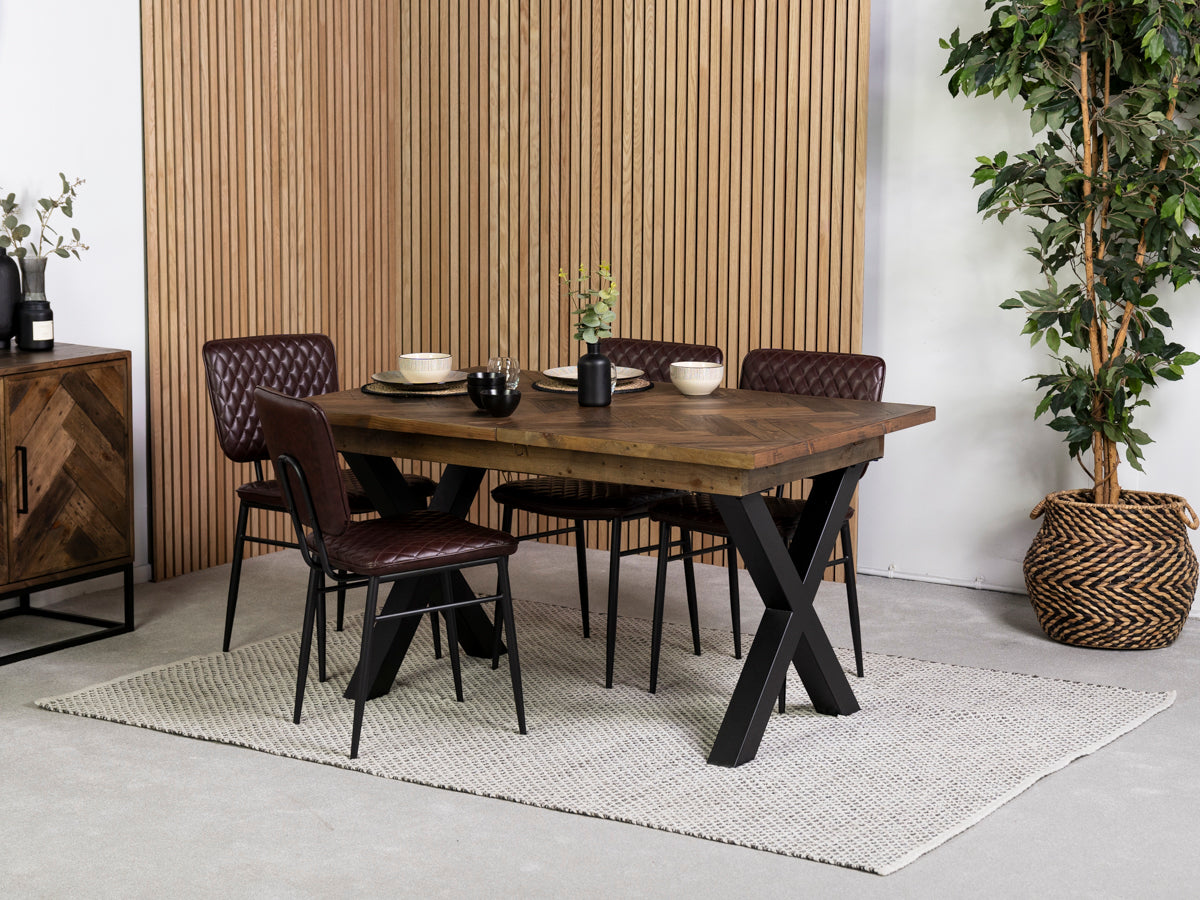 Tulsa Dark Cross Leg Extendable Dining Table (140cm - 180cm) & Brown Houston Dining Chairs