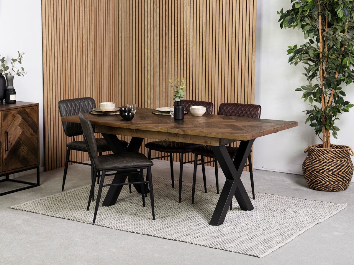 Tulsa Dark Cross Leg Extendable Dining Table (140cm - 180cm) & Grey Houston Dining Chairs