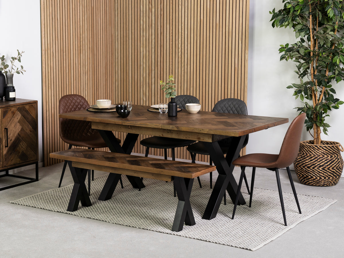 Tulsa Dark Cross Leg Extendable Dining Table (140cm - 180cm) & Brown Dallas Dining Chairs