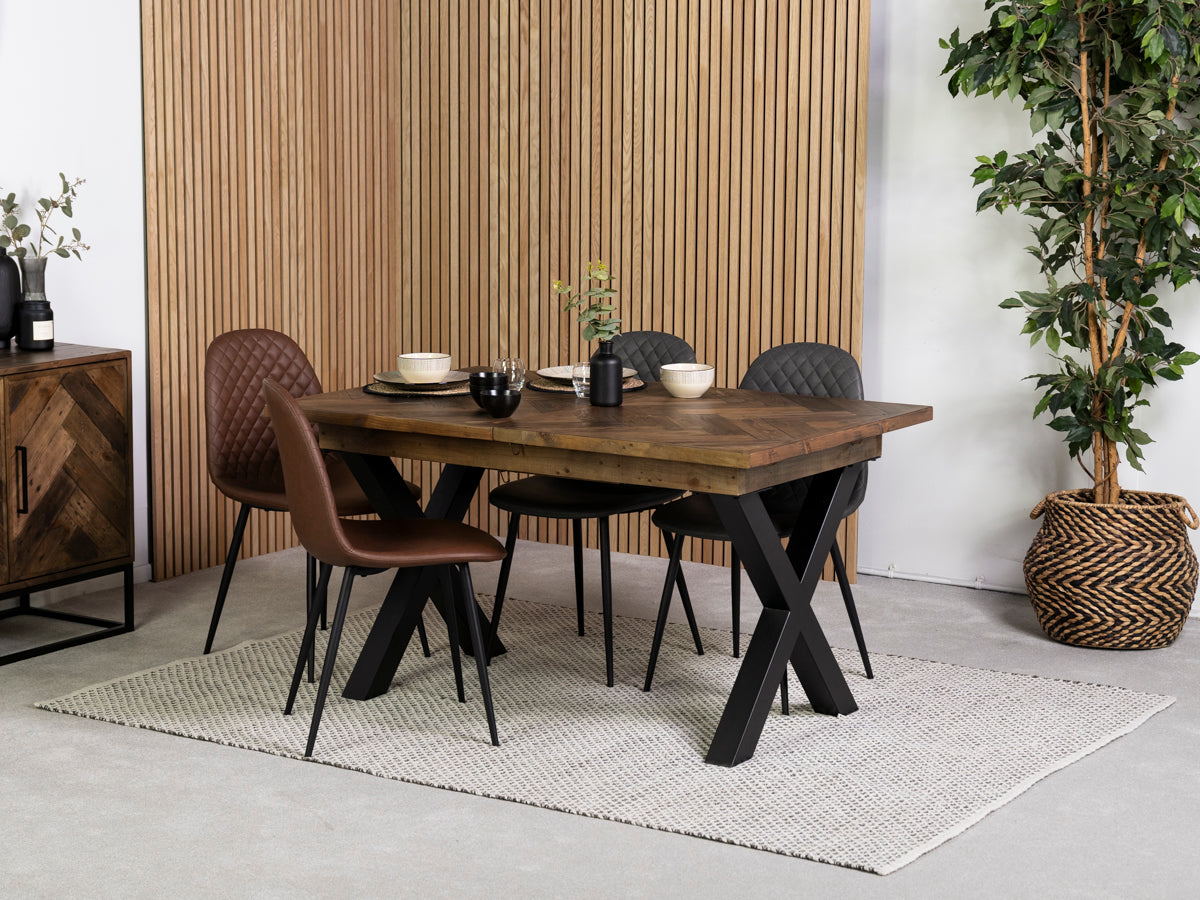 Tulsa Dark Cross Leg Extendable Dining Table (140cm - 180cm) & Brown Dallas Dining Chairs