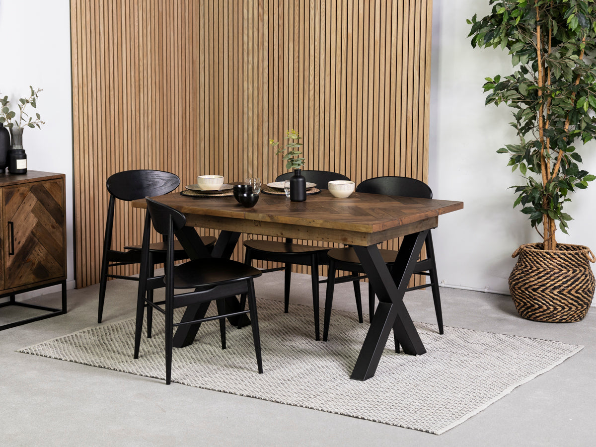 Tulsa Dark Cross Leg Extendable Dining Table (140cm - 180cm) & Gabo Dining Chairs