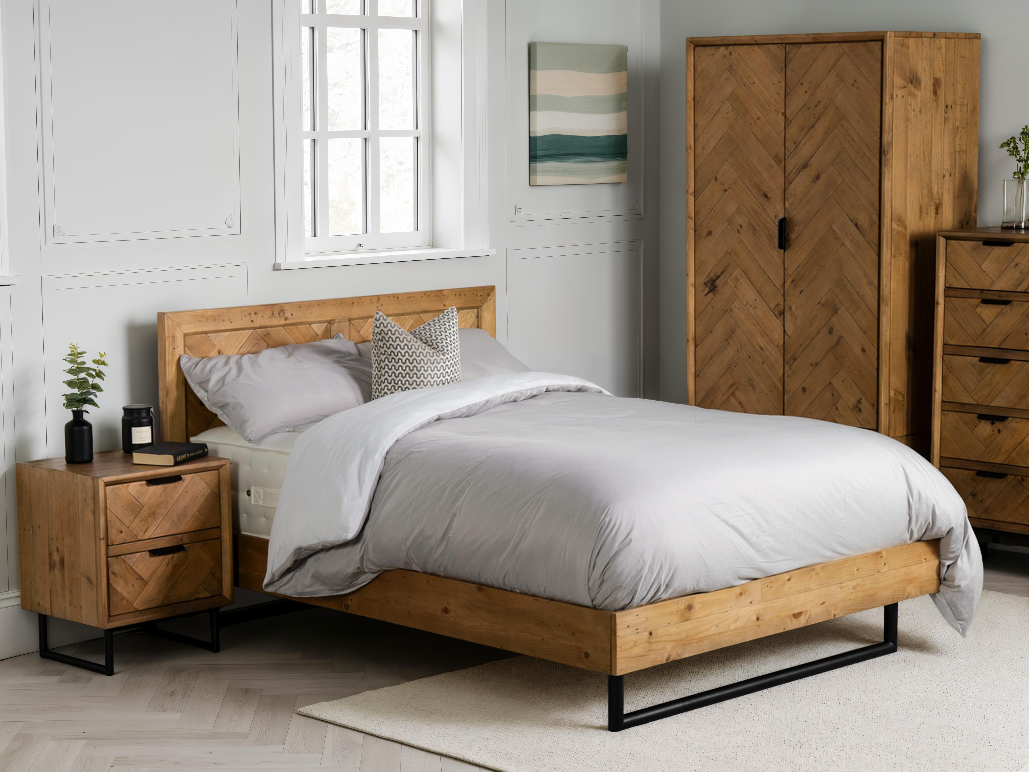 Wooden bed with matching headboard and nightstands in a bedroom setting.